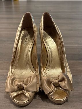 Coach Gold Satin Peep-Toe Bow Heels